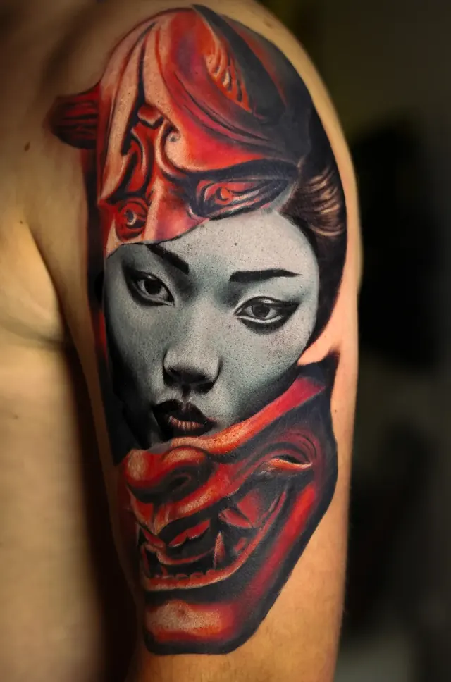 Color realizam tetovaža gejše na podlaktici – The Black Dahlia Tattoo Studio